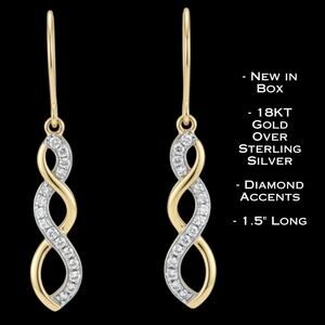 18K Gold Over Sterling Silver Dangle Infinity Earrings Diamond Accent New In Box